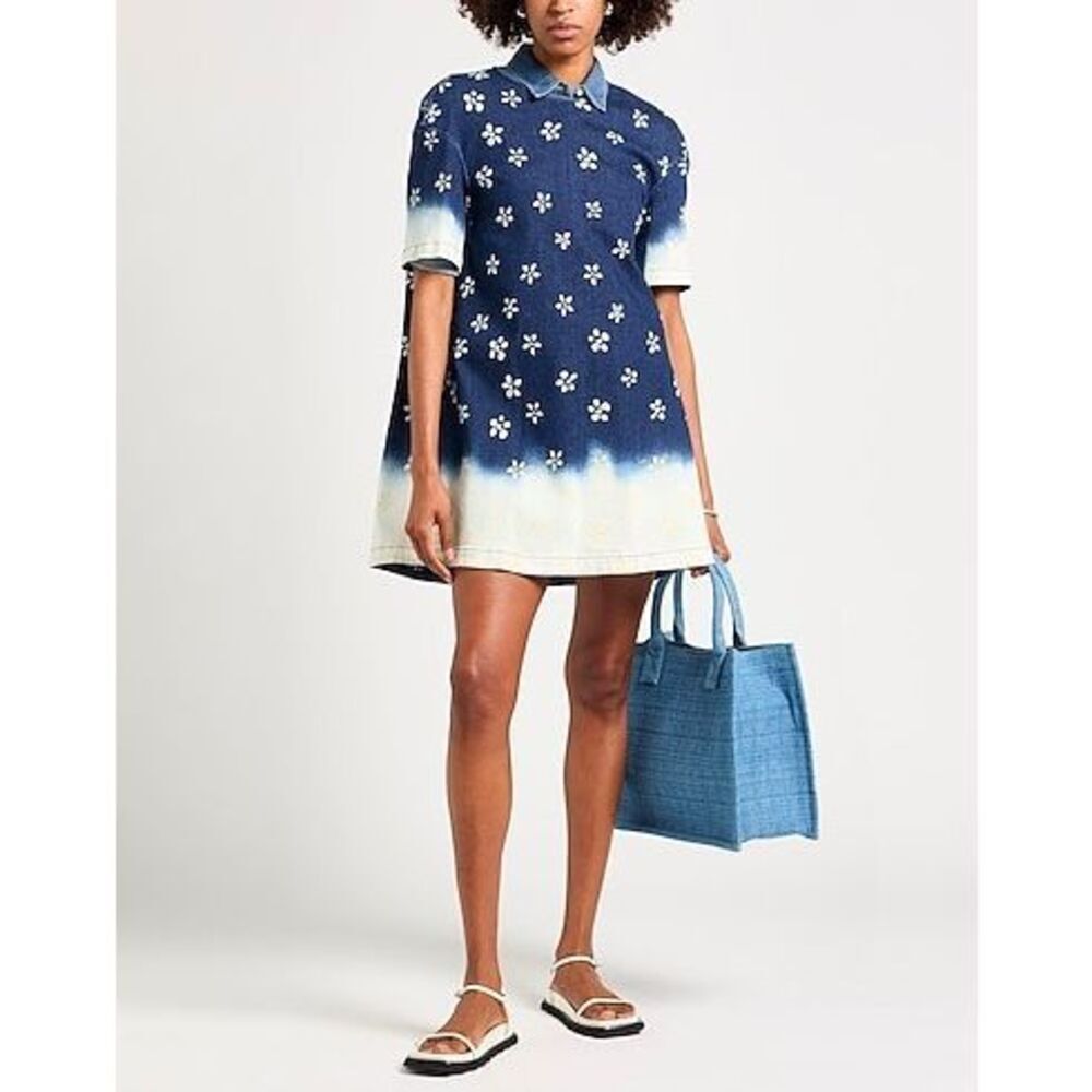NWT Rare Marni EU 42 US 6-8 Bleached Flower Print Denim Mini Dress Blue Ombre Fl
